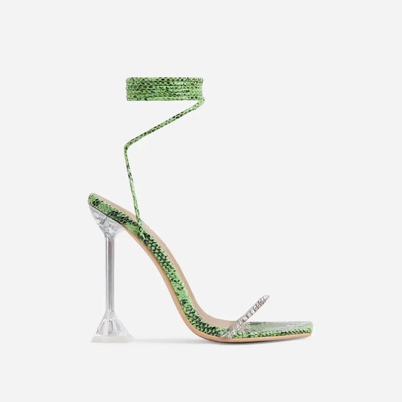 Green Snake Print Lace Up Square Toe Heels - Picture 2 of 7